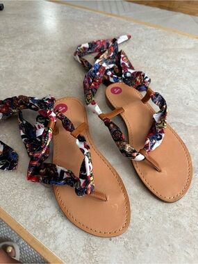 Prima Donna Tan Leather Sandals with Multicolor Fabric Wraps